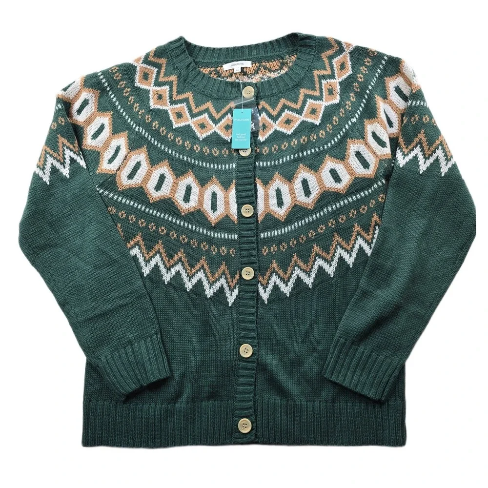 Maurices Fair Isle‎ Cardigan Sweater Womens Medium Green Geometric Knit NEW